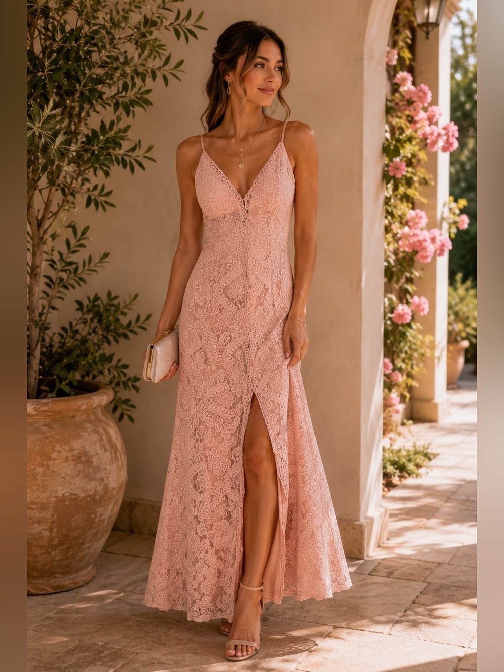 Bariano Australia Blush Pink Geometric Crochet Lace Overlay Maxi Gown - Size L